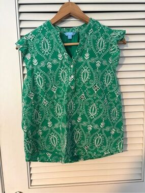 Draper James Green Paisley Cap-Sleeve Blouse
